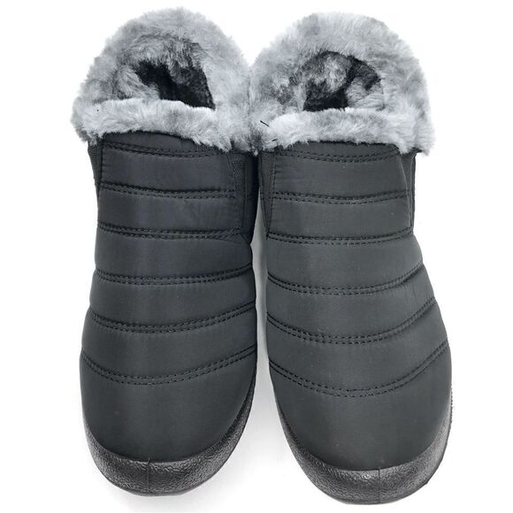 BJ Black Quilted Faux Fur Lined Soft Sole Flat Ankle Waterproof Slipper Shoes - Picture 8 of 16